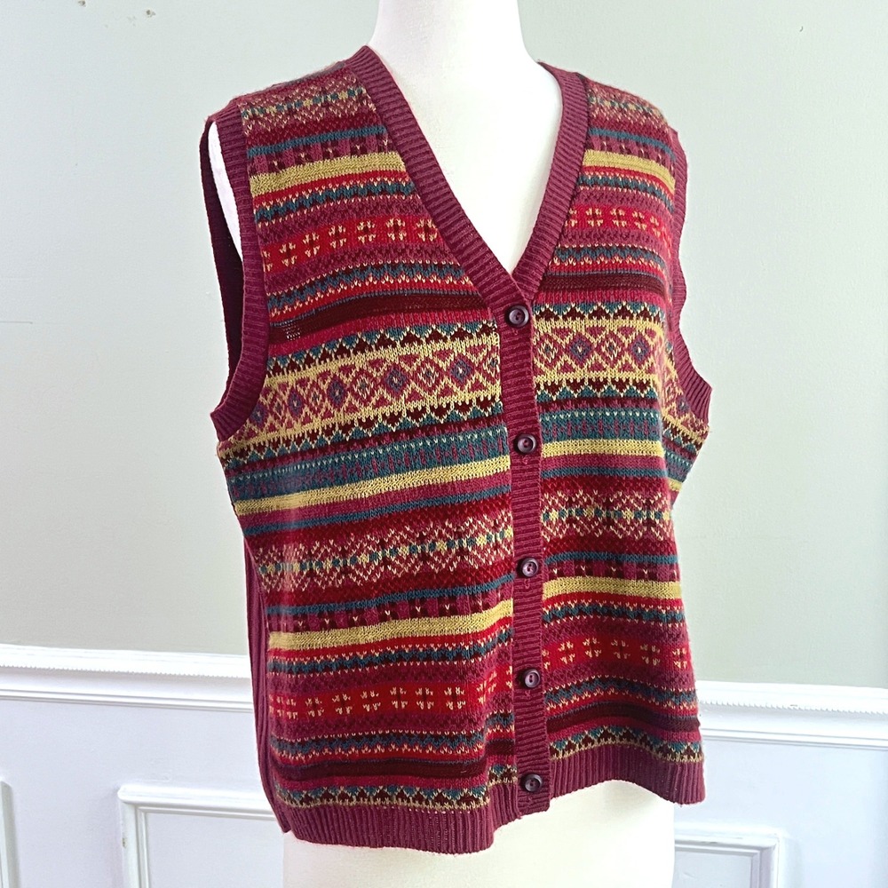 Bobbie Brooks Sweater Vest Large Womens Fair Isle Button Burgundy Grandmacore